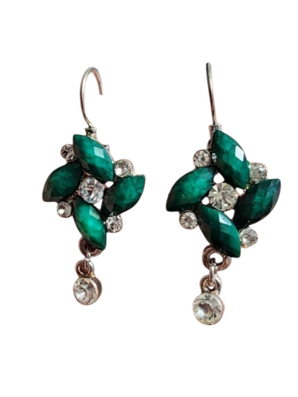 Green Silvertone Dangle Earrings Intricate Design